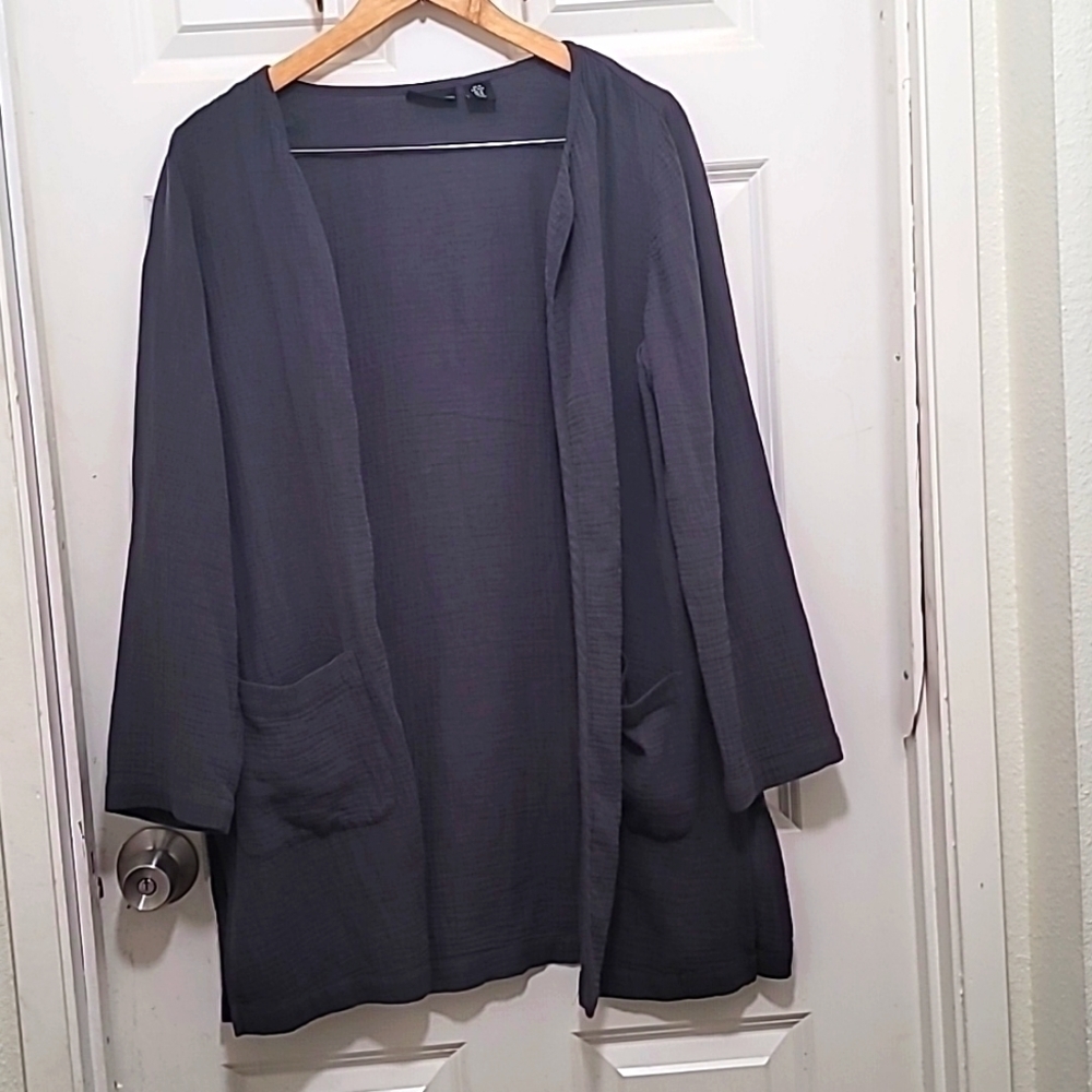Adrienne Vittadini Cardigan Womens Medium Gray Gauze Open Front Longline Pocket